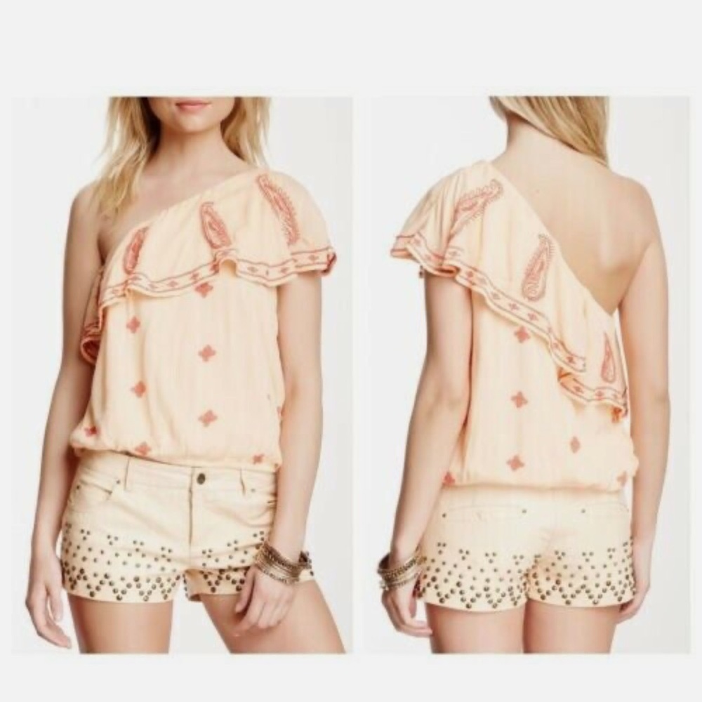 Free People Orange Easy On The Eyes One Shoulder Embroidered Cotton Blouse Top